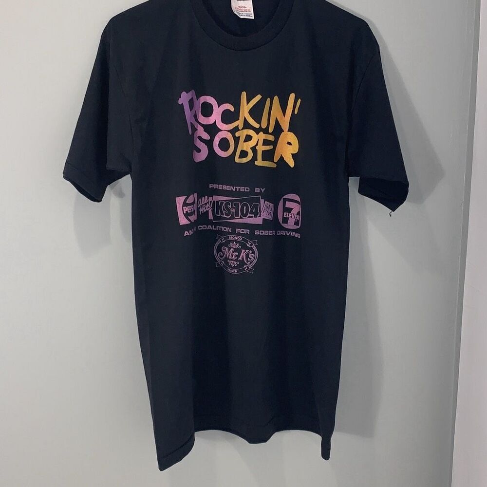 Vintage Healthknit Men's Unisex Rockin Sober Concert Graphic T-Shirt Black XL